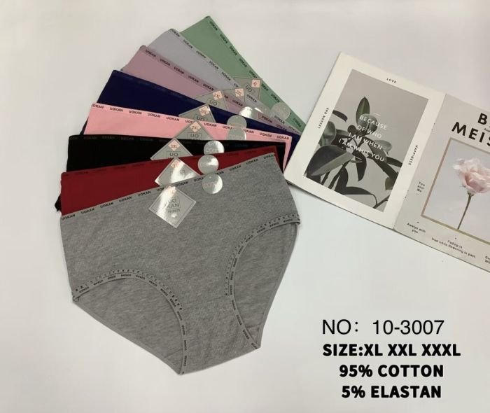 Жіночі труси "UO KАN" 10-3007 cotton, р. ХL, 2ХL, 3ХL -(48-50, 50-52, 52-54) -асорті -(Однотонні в рубчик + на гумці та обідку по ніжці дрібні написи) -уп. 12 шт