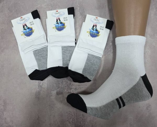 Шкарпетки Житомир "П.П. Красота-I Lucky socks" 100-01 стрейч чоловічі (біла етикетка), р. 25-27/39-42, 27-31/43-46 -(Середні / білі +на сірій підошві смужки) -уп. 12 шт