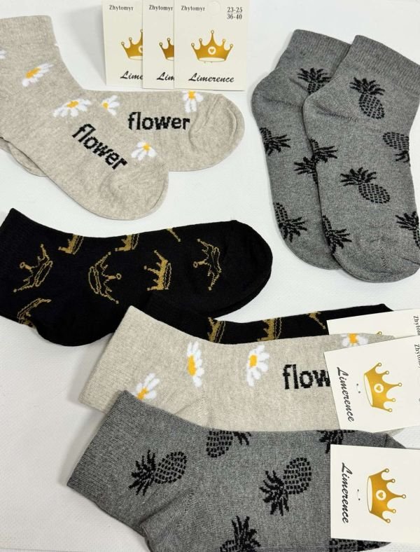 Шкарпетки Житомир "Limerence" 403-74 стрейч жіночі, р. 36-40 -асорті -(середні /ананаси +ромашки +корони по всій шкарпетці -стрейч) -уп. 12 шт