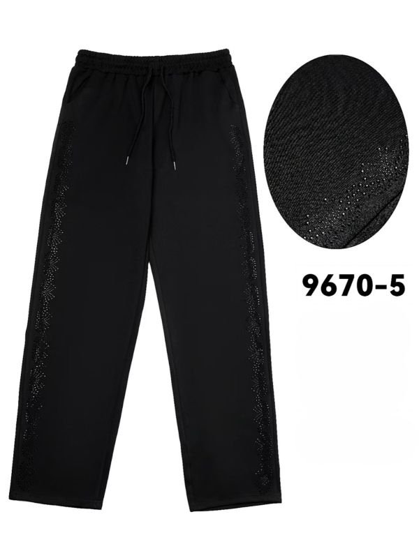 Прогулянкові штани "KENALIN" 9670-5 з прямим низом, верх на резинці +з боків у довжину візерунок з чорних камінчиків +спереду з боків кишені, р. 2XL/3XL-(46-50), 3XL/4XL-(48-52), 4XL/5XL-(50-54), 5XL/6XL-(52-56) -(чорні) -уп. 1 шт