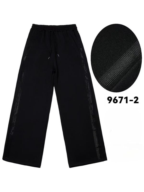 Прогулянкові штани "KENALIN" 9671-2 з широким низом, верх на резинці +з боків лампаси з чорних камінчиків +спереду з боків кишені, р. 2XL/3XL-(46-50), 3XL/4XL-(48-52), 4XL/5XL-(50-54), 5XL/6XL-(52-56) -(чорні) -уп. 1 шт