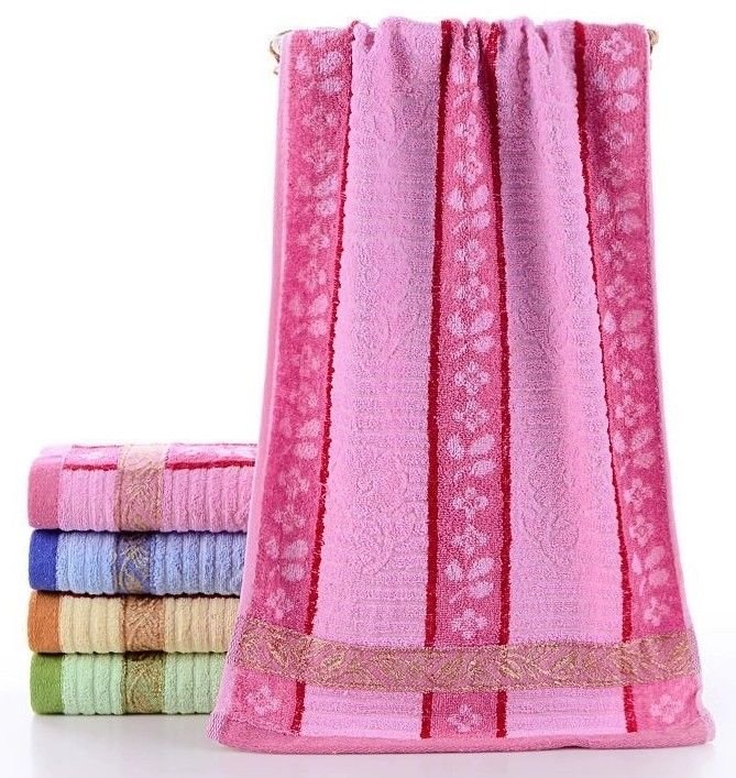 Рушник 7014 кухонний махровий /cotton, розмір 70*35 -уп. 12 шт -(Кольорові /яскраві +на широких смужках квіти +вставка із золотою вішивкою листочків -кухня 70*35)