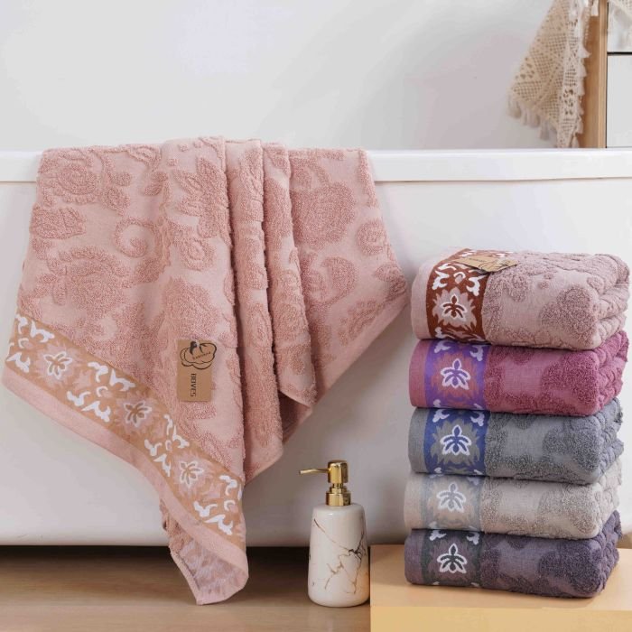 Рушник 70032-72 банний cotton -махра, р. 140*70 -уп. 6 шт -(Однотонний з рельєфним візерунком + вставка з візерунком -баня)
