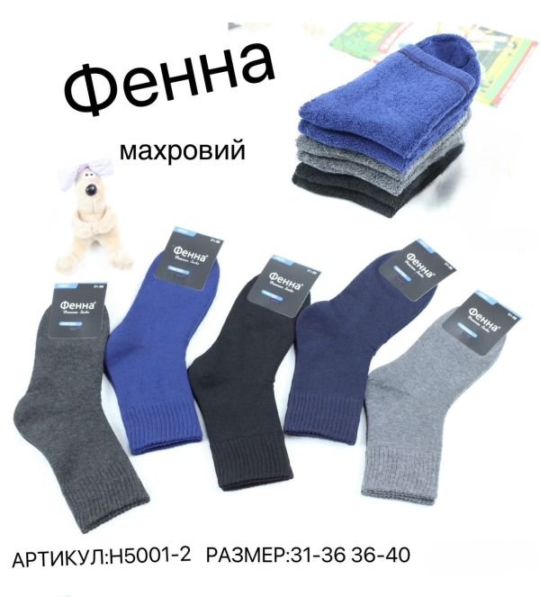 Шкарпетки "Фенна" Н-5001-2 махрові підліткові р. 31-36, 36-40 -асорті -(Хлопчик -однотонні з широкою гумкою в рубчик) -уп. 10 шт