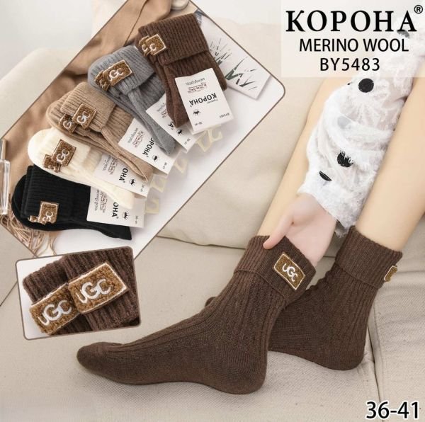 Шкарпетки "Корона" ВY-5483 вовна мериноса жіночі, р. 36-41 -асорті -(Однотонні в'язані у візерунок +з відворотом +емблема з написом UGC) -уп. 10 шт