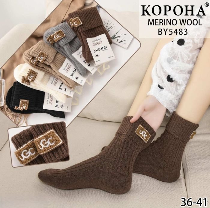 Шкарпетки "Корона" ВY-5483 вовна мериноса жіночі, р. 36-41 -асорті -(Однотонні в'язані у візерунок +з відворотом +емблема з написом UGC) -уп. 10 шт