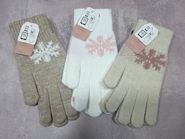 Рукавички жіночі "Anjela" 2031 з начосом + з пальцями для сенсорного екрану -(Карамельний мікс +на меланжевій вставці сніжинка) -уп. 12 шт.