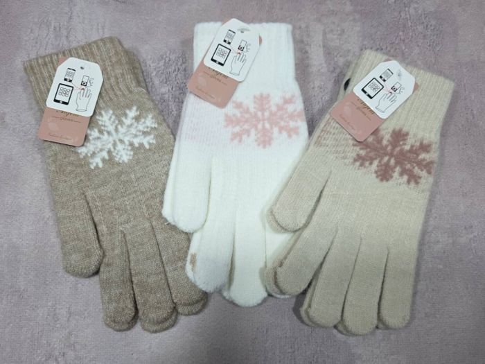 Рукавички жіночі "Anjela" 2031 з начосом + з пальцями для сенсорного екрану -(Карамельний мікс +на меланжевій вставці сніжинка) -уп. 12 шт.