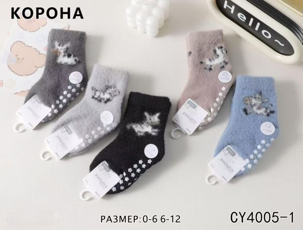Шкарпетки "КОРОНА" CY-4005-1 альпака вовна дитячі, р. 0-6м /8-10 см, 6-12м /10-12 см -асорті -("Бебіки" -під гумкою різні звірятка +на стопі силіконові гальма) -уп. 10 шт
