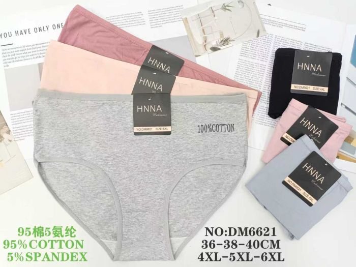 Жіночі труси "HNNA" DM-6621 cotton, р. 4XL, 5XL, 6XL -(50-52, 52-54, 54-56) -асорті -(Однотонні /гладкі +збоку напис "100% cotton") -уп. 12 шт