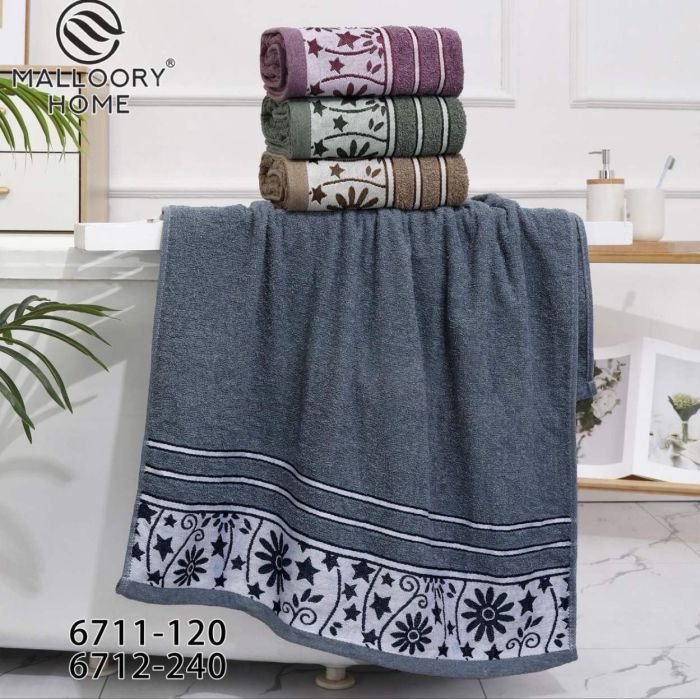 Рушник 6711-120 банний cotton -махра, р. 140*70 -уп. 8 шт -(Однотонний + на світлій вставці квіточки, зірочки, завитки + над вставкою смужки -баня)