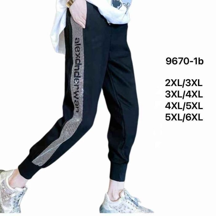 Штани прогулянкові "Kenalin" 9670-11 низ на широкому манжеті +з боків широкі лампаси з камінчиків з написами, з боків кишені, р. 2XL/3XL-(46-50), 3XL/4XL-(48-52) -(чорні)
