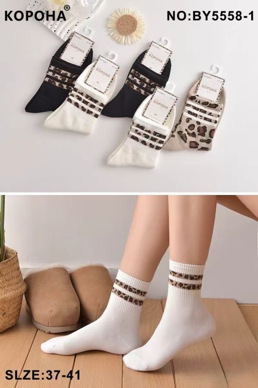 Шкарпетки "Корона" ВY-5558-1 стрейч/cotton жіночі, р. 37-41 -(Однотонні +на широкій гумці в рубчик леопардові смужки /вставки) -уп. 10 шт