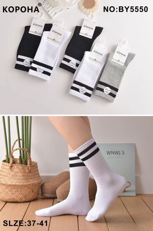 Шкарпетки "Корона" ВY-5550 стрейч/cotton жіночі, р. 37-41 -(Теніс однотонні +на високій гумці в рубчик дві смужки) -уп. 10 шт