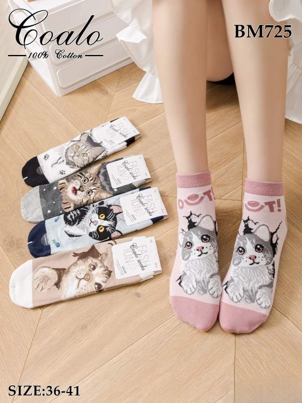 Шкарпетки "COALO" BМ-725 стрейч /cotton жіночі, р. 36-41 -асорті -(укорочені /3D -мікс кошенят) - уп. 10 шт