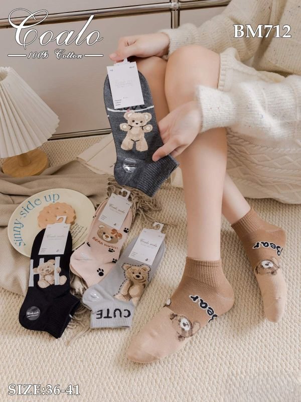 Шкарпетки "COALO" BМ-712 стрейч /cotton жіночі, р. 36-41 -асорті -(укорочені з широкою гумкою в рубчик +мікс різних ведмедиків +написи) - уп. 10 шт