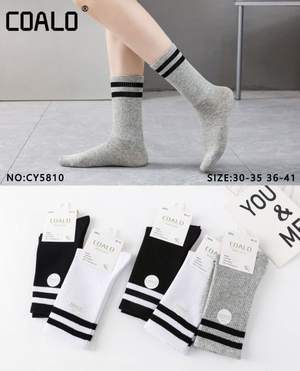 Шкарпетки "COALO" CY-5810 стрейч /cotton підліткові універсальні, р. 30-35, 36-41 -асорті -(Теніс високі +на високій гумці в рубчик дві смужки) - уп. 10 шт