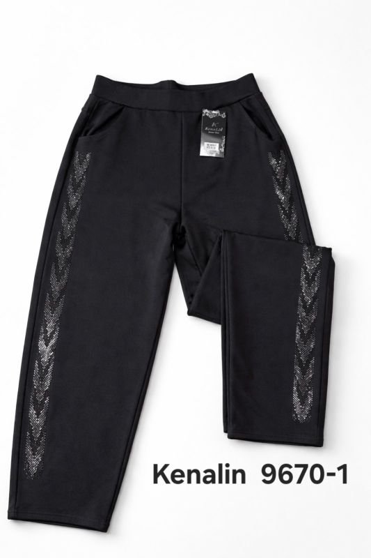 Лосини брючні "KENALIN" 9670-1 з прямим низом +з боків у довжину лампаси з камінчиків +кишені, р. 4XL/5XL-(46-50) -(чорні)
