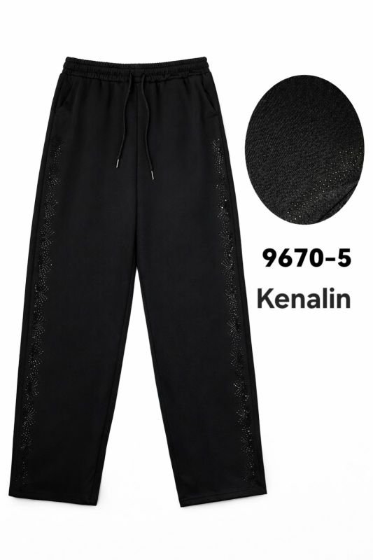 Лосини брючні "KENALIN" 9670-5 з прямим низом, верх на резинці +з боків у довжину візерунок з чорних камінчиків +спереду з боків кишені, р. 2XL/3XL-(46-50), 3XL/4XL-(48-52), 4XL/5XL-(50-54), 5XL/6XL-(52-56) -(чорні) -уп. 1 шт