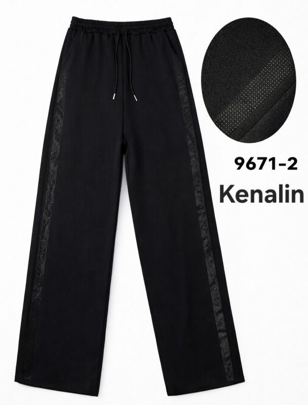 Прогулянкові брючні штани "KENALIN" 9671-2 з широким низом, верх на резинці +з боків лампаси з чорних камінчиків +спереду з боків кишені, р. 2XL/3XL-(46-50), 3XL/4XL-(48-52), 4XL/5XL-(50-54), 5XL/6XL-(52-56) -(чорні) -уп. 1 шт