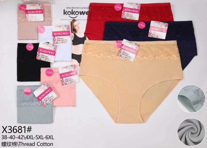Жіночі труси "Kokowei" 3681 cotton, р. 4ХL, 5xl, 6xl -(54-56, 56-58, 58-60) -асорті -(Однотонні в широкий рубчик +під гумкою мереживна вставка) -уп. 12 шт