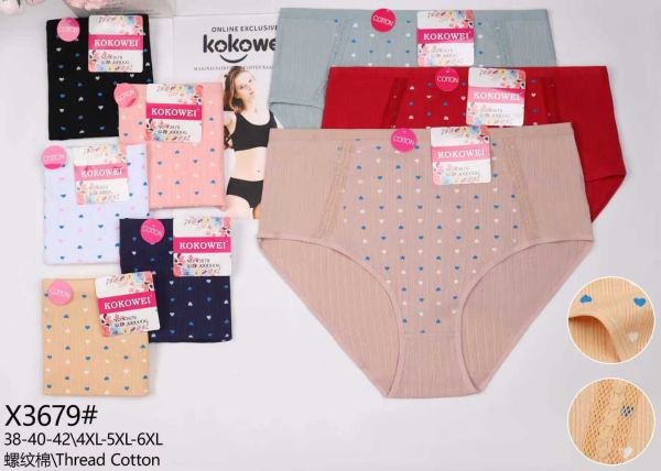 Жіночі труси "Kokowei" 3679 cotton, р. 4ХL, 5xl, 6xl -(54-56, 56-58, 58-60) -асорті -(Однотонні в широкий рубчик +спереду вставка з дрібними серцями) -уп. 12 шт