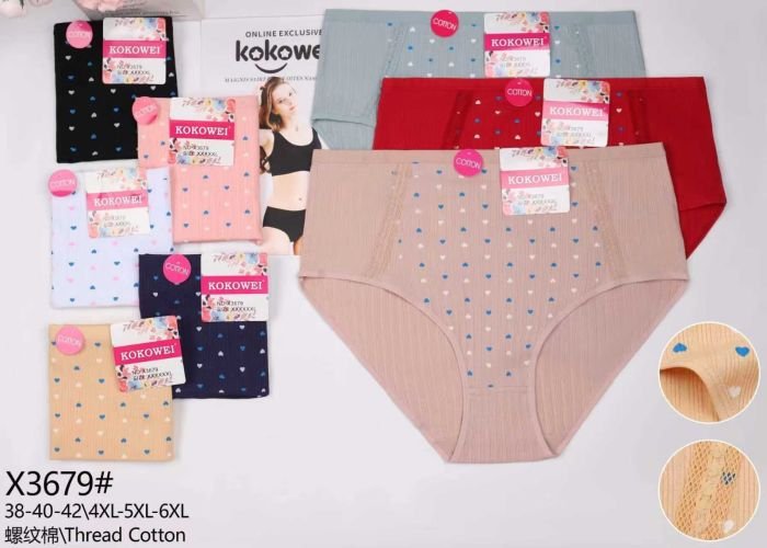 Жіночі труси "Kokowei" 3679 cotton, р. 4ХL, 5xl, 6xl -(54-56, 56-58, 58-60) -асорті -(Однотонні в широкий рубчик +спереду вставка з дрібними серцями) -уп. 12 шт