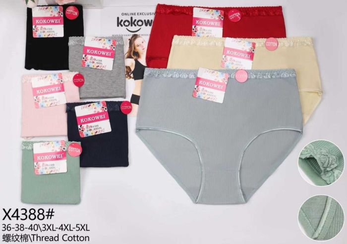 Жіночі труси "Kokowei" 4388 cotton, р. 3ХL, 4xl, 5xl -(52-54, 54-56, 56-58) -асорті -(Однотонні в дрібний рубчик +гумка з вузьким мереживом) -уп. 12 шт