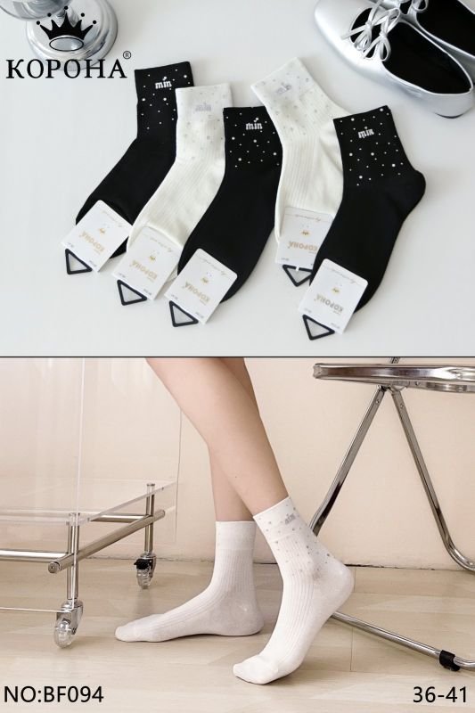 Шкарпетки "Корона" ВF-094 стрейч/ cotton жіночі, р. 36-41 -асорті -(Високі/однотонні в рубчик +на гумці камінці та напис "min") -уп. 10 шт