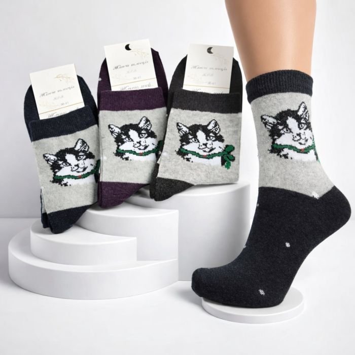Шкарпетки Житомир "КОІ-Жіноча колекція" 122-42 стрейч жіночі, р. 36-41 -асорті -(Високі /темні +на сірій вставці мордочка котика +горошок на всій шкарпетці) -уп. 12 шт