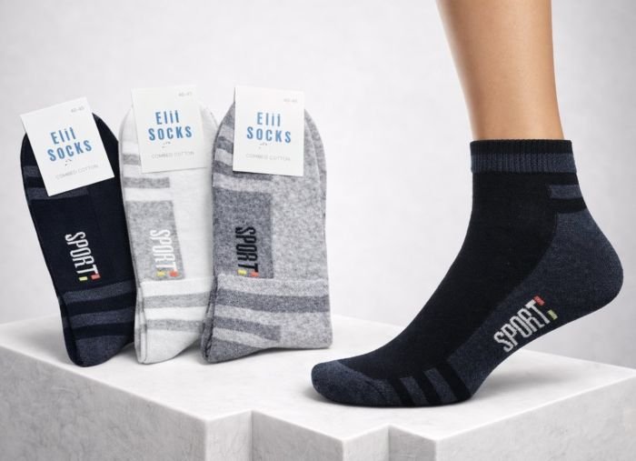 Шкарпетки Житомир "КОІ-Elit SOCKS" 040-01 стрейч чоловічі, р. 40-45 -асорті -(Укорочені/ комбіновані зі смужками + напис Sport на підошві) -уп. 12 шт