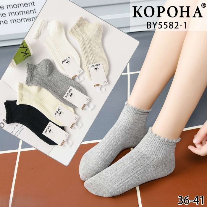 Шкарпетки "Корона" ВY-5582-1-Х стрейч /cotton жіночі, р. 36-41 -асорті -(Укорочені/ однотонні в комбінований візерунок з рубчиком +зверху хвилясті край на широкій гумці в рубчик) -уп. 10 шт