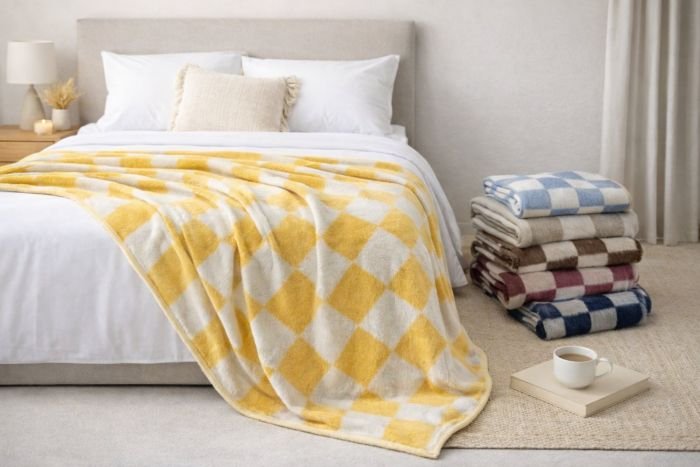 Ковдра натуральна "Шермі" 15-20 полуторна вовняна, р. +/-150*210 -(Великі клітини -мікс забарвлень без вібору кольору!)