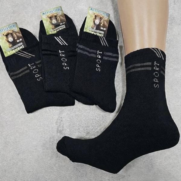 Шкарпетки Житомир "Преміум /ВОВНЯНІ" 3003-61 махрові чоловічі, р. 40-45 -(Махра -чорні +напис Sport +різні смужки) -уп. 12 шт