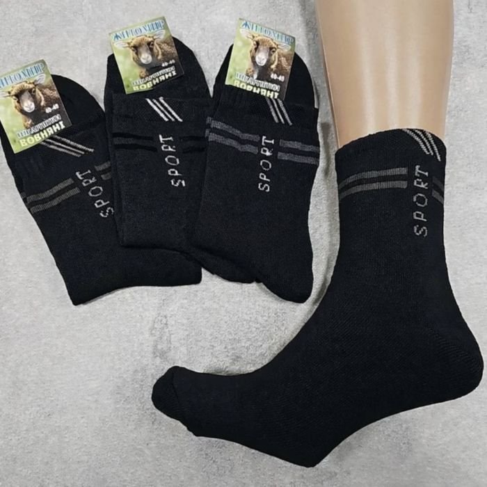 Шкарпетки Житомир "Преміум /ВОВНЯНІ" 3003-61 махрові чоловічі, р. 40-45 -(Махра -чорні +напис Sport +різні смужки) -уп. 12 шт