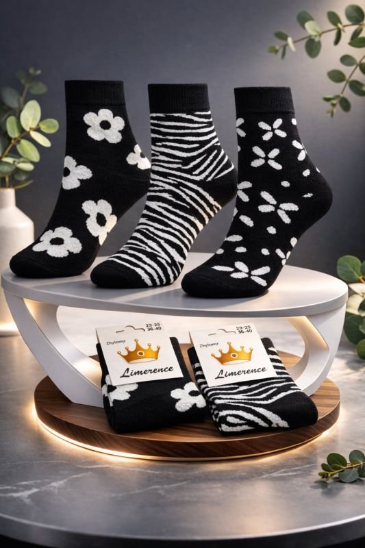 Шкарпетки Житомир "Limerence" 403-75 стрейч жіночі, р. 36-40 -асорті -(середні /чорні +мікс білих візерунків -зебра та квіти -стрейч) -уп. 12 шт