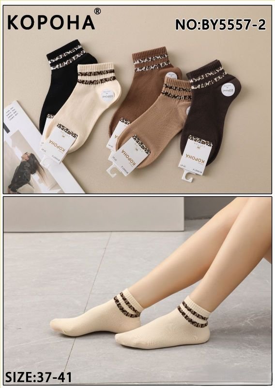 Шкарпетки "Корона" ВY-5557-2 стрейч/cotton жіночі, р. 37-41 -(Укорочені /однотонні +дві леопардові смужки на гумці в рубчик) -уп. 10 шт