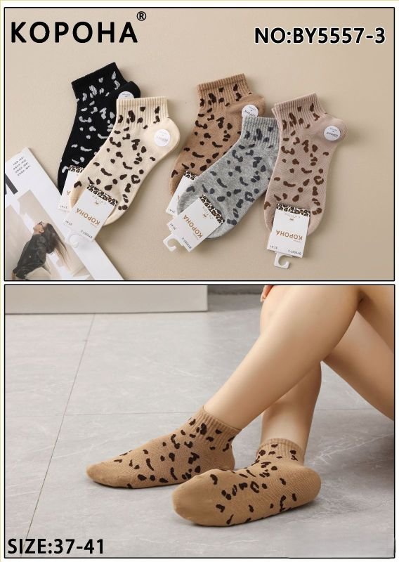 Шкарпетки "Корона" ВY-5557-3 стрейч/cotton жіночі, р. 37-41 -(Укорочені з леопардовими цятками по всій шкарпетці та гумці в рубчик) -уп. 10 шт