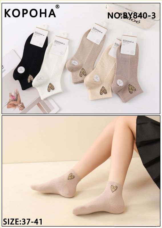 Шкарпетки "Корона" ВY-840-3 стрейч/cotton жіночі, р. 37-41 -(Укорочені /однотонні у рельєфній рубчик +збоку на гумці леопардове серце) -уп. 10 шт