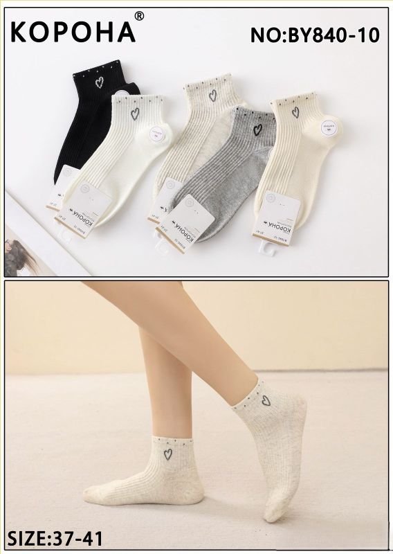 Шкарпетки "Корона" ВY-840-10 стрейч /eco cotton жіночі, р. 37-41 -(Укорочені /однотонні у рельєфній рубчик +на гумці в рубчик збоку серце +на гумці горошок) -уп. 10 шт