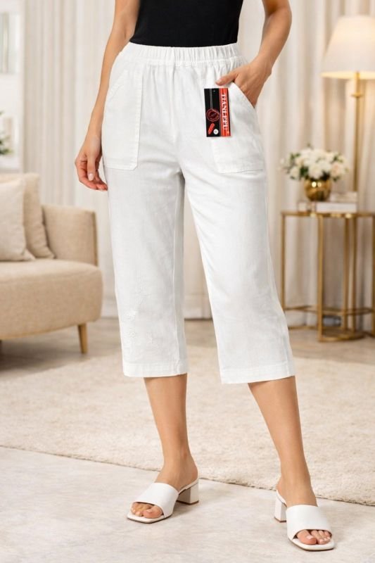 Бриджі жіночі "TIANLEFU" 98-2-О бавовна +льон з кишенями спереду та ззаду, р. Xl-(46-50) -(білі +вишивка)