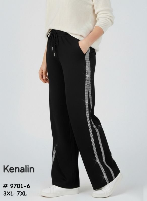 Прогулянкові штани "KENALIN" 9701-6 палоццо з широким низом, верх на резинці +з боків лампаси з камінчиків +спереду з боків кишені, р. 3XL/4XL-(50-52), 4XL/5XL-(52-54), 5XL/6XL-(54-56), 6XL/7XL-(56-58) -(чорні) -уп. 1 шт