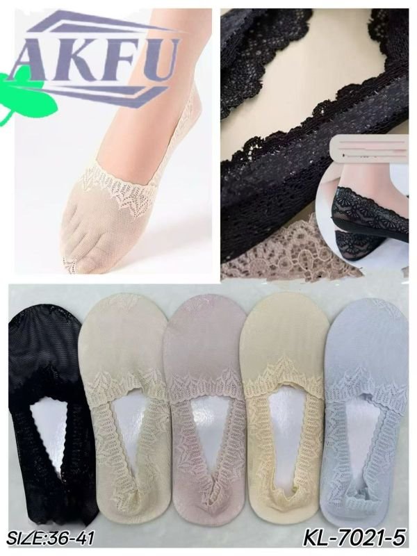 Шкарпетки-сліди "Akfu" KL-7021-5 жіночі нейлонові з бавовняною підошвою та тормозами +всередині з силіконовою смужкою, р. 36-41 -асорті -(Однотонні +з орнаментом на сіточці) -уп. 10 шт