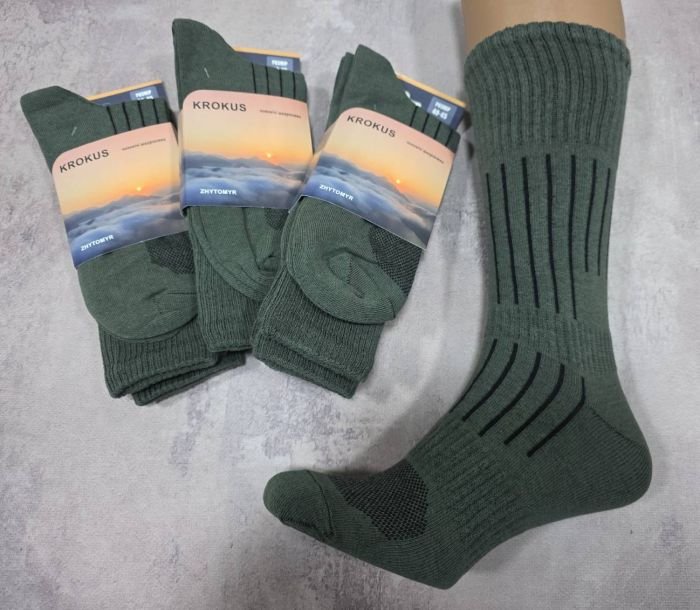 Шкарпетки Житомир "Krokus" 999 стрейч "Трекінгові /під берці" чоловічі, р. 40-45 -(Хакі /трекінг -стрейч) -уп. 12 пар =(в уп. 6 шт планшеток у якій по 2 пари шкарпеток)