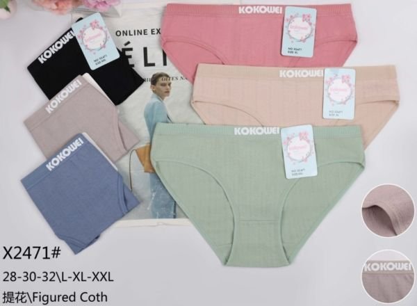 Жіночі труси "Kokowei" Х-2471 cotton, р. L, xl, 2xl -(42, 44, 46) -асорті -(Однотонні в рельєфний візерунок на резинці в рельєфний рубчик напис Kokowei) -уп. 12 шт
