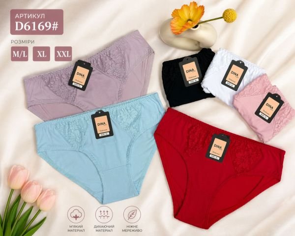 Жіночі труси "DINA Rose" 6169 шовковисті нейлонові, р. M/L, XL/2XL -(46-48, 48-50) -асорті -(однотонні +спереду  гіпюрові вставки) -уп. 12 шт