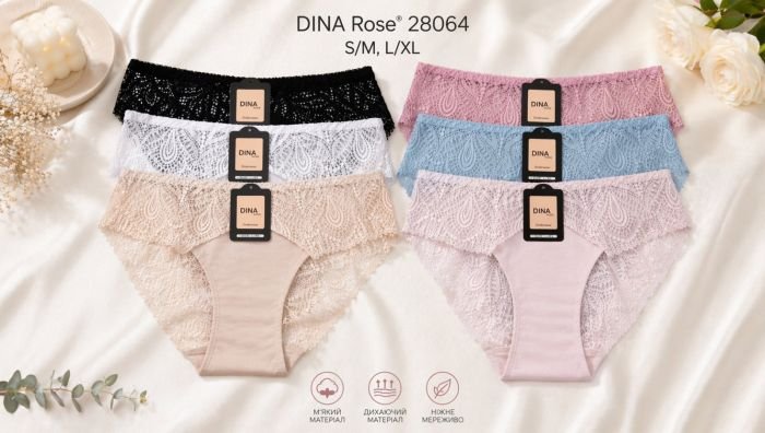 Жіночі труси "DINA Rose" 28064 cotton, р. S/M, L/XL -(46-48, 48-50) -асорті -(однотонні +під гумкою і ззаду мереживо) -уп. 12 шт