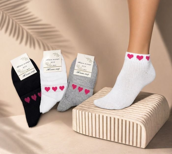 Шкарпетки Житомир "КОІ-Жіноча колекція" 121-23 стрейч жіночі, р. 36-41 -асорті -(Укорочені /однотонні +на гумці в рубчик по краю ряд сердець) -уп. 12 шт