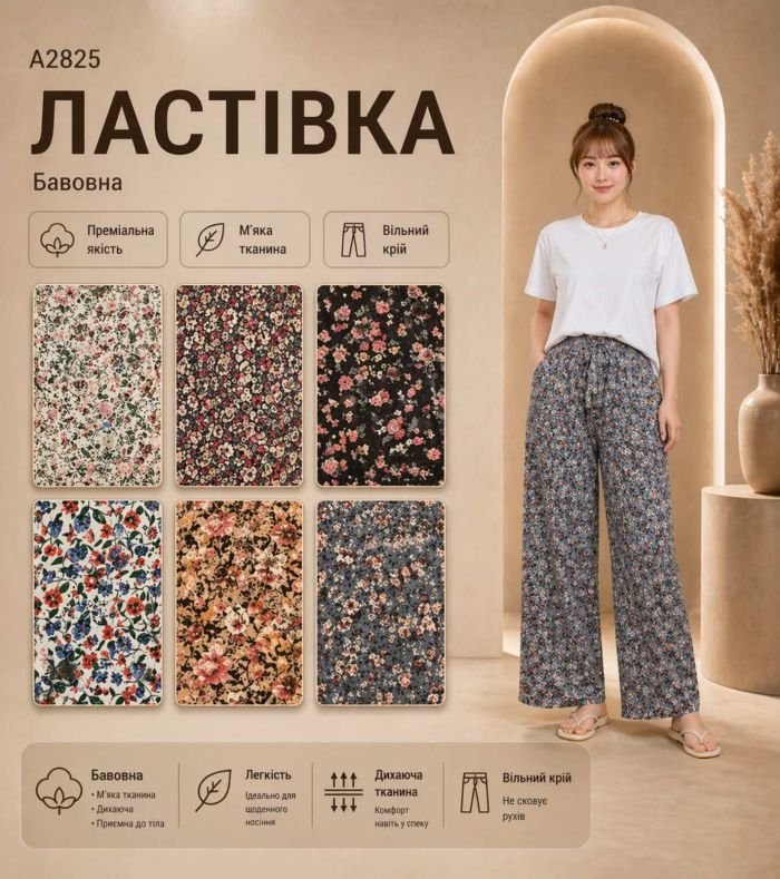 Прогулянкові штани "Ластівка" А-2825 з легкої тканини жатка рубчик, вільного крою з широким низом, пояс на резинці, р. 3XL/7XL-(46-50), 8XL/10XL-(50-54) -(Без вибору забарвлення!)