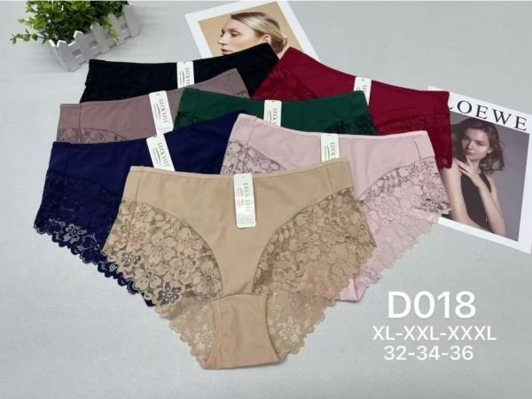 Жіночі труси "LUCK YIYI" New D-018 нейлонові з гіпюром, р. XL, 2XL, 3XL -(48, 50, 52) -асорті -(Однотонні з мереживом) -уп. 12 шт